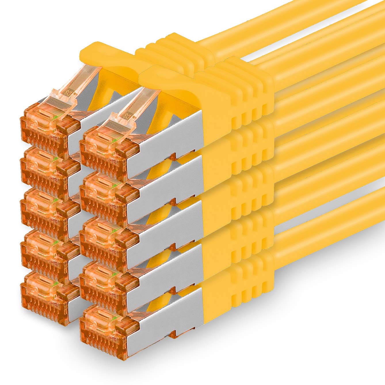 1aTTack.de 0.5 m - Cat.7 Network Cable Yellow - Pack of 10 Gigabit Ethernet LAN Cable 10000 Mbit S Patch Cable Cat7 Cable S FTP PIMF Shielding LSZH Cat.7 Raw Cable RJ45 Connector Cat 6a - 10 x 0.5 m