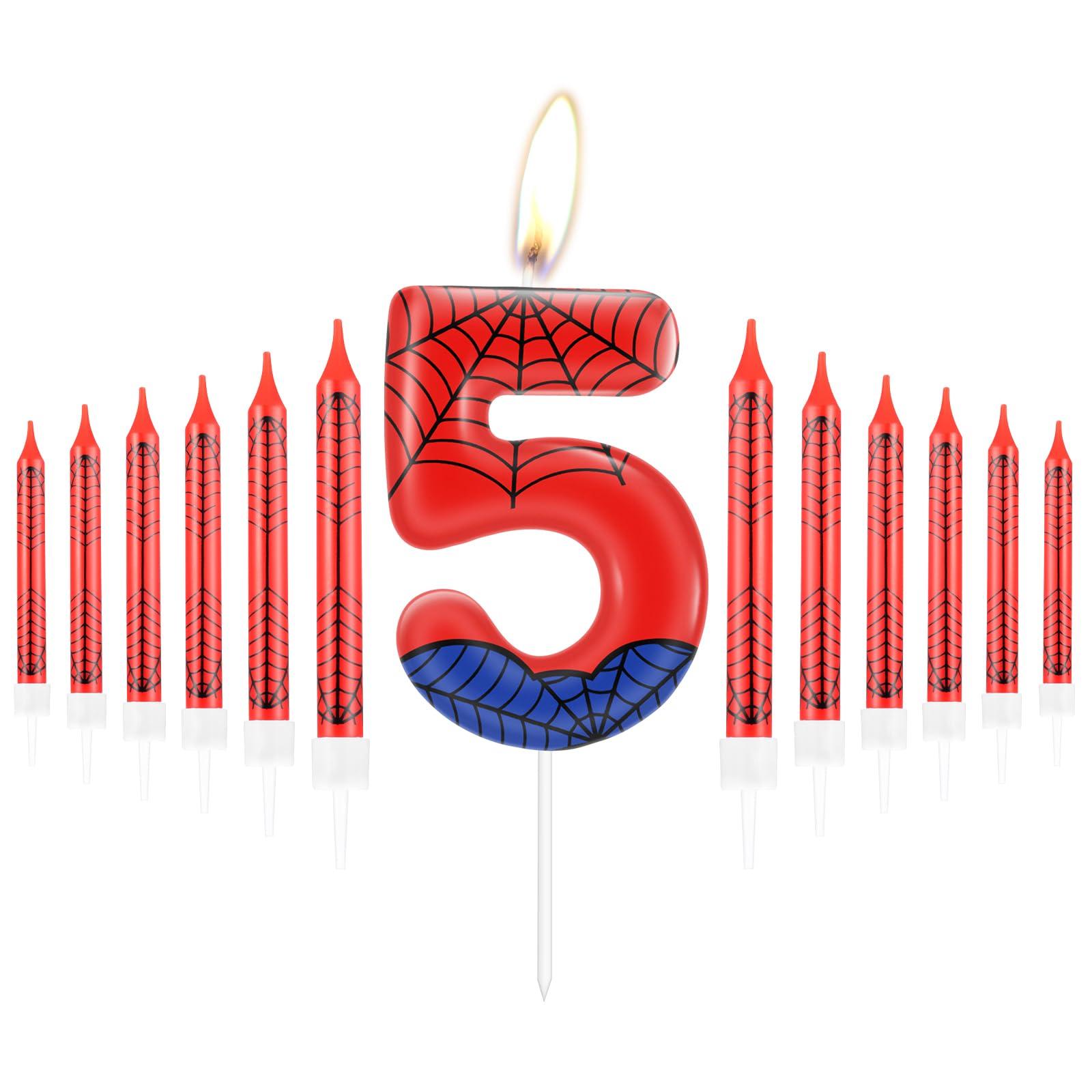 Personalied Happy 5th Birthday Cake Candles Set, Blue Red Candles with Spider Web, Number 5 Candles Cake Toppers for Cake, Spider Theme Party Candle for Boys Girls 5th Birthday Decorations — image 1