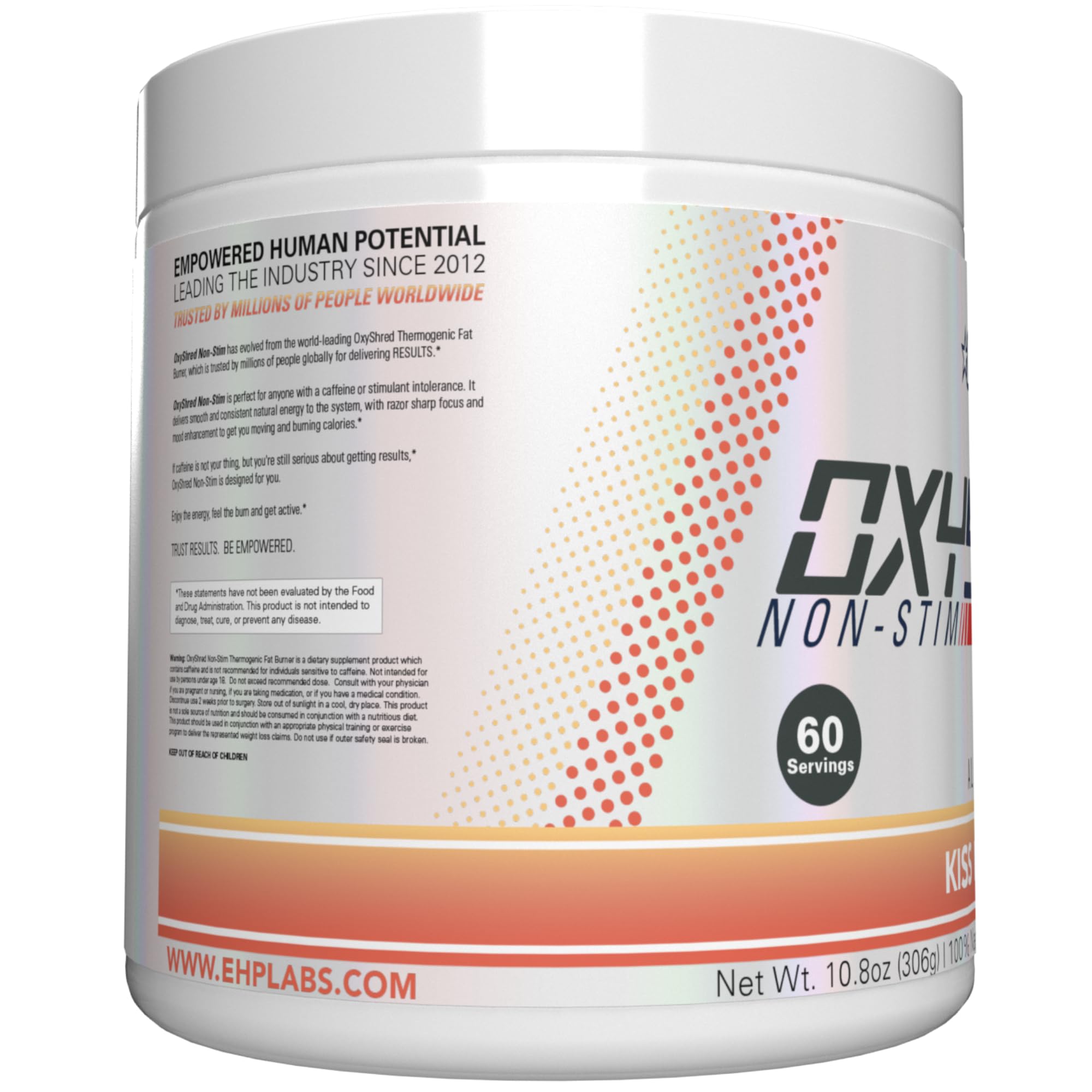 EHP Labs OxyShred Non Stimulant Pre Workout Powder - Stim Free Pre Workout, Caffeine Free Preworkout for Men & Women with L Glutamine & Acetyl L Carnitine - Peach, 60 Servings