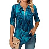 Bulotus Women's 3/4 Sleeve Collared Blouses Business Casual Tops Zip Front V Neck Work Shirts Loose Fit Tunic Tops