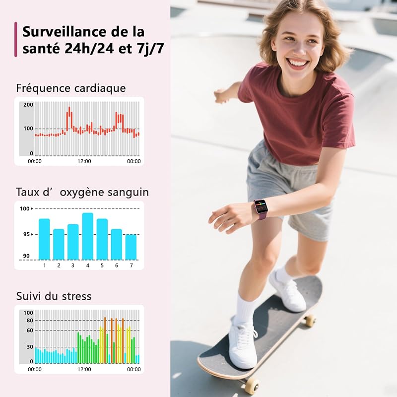 Montre Connectée Homme Femme, Appel Bluetooth, Rouge vin — photo 2 sur 8