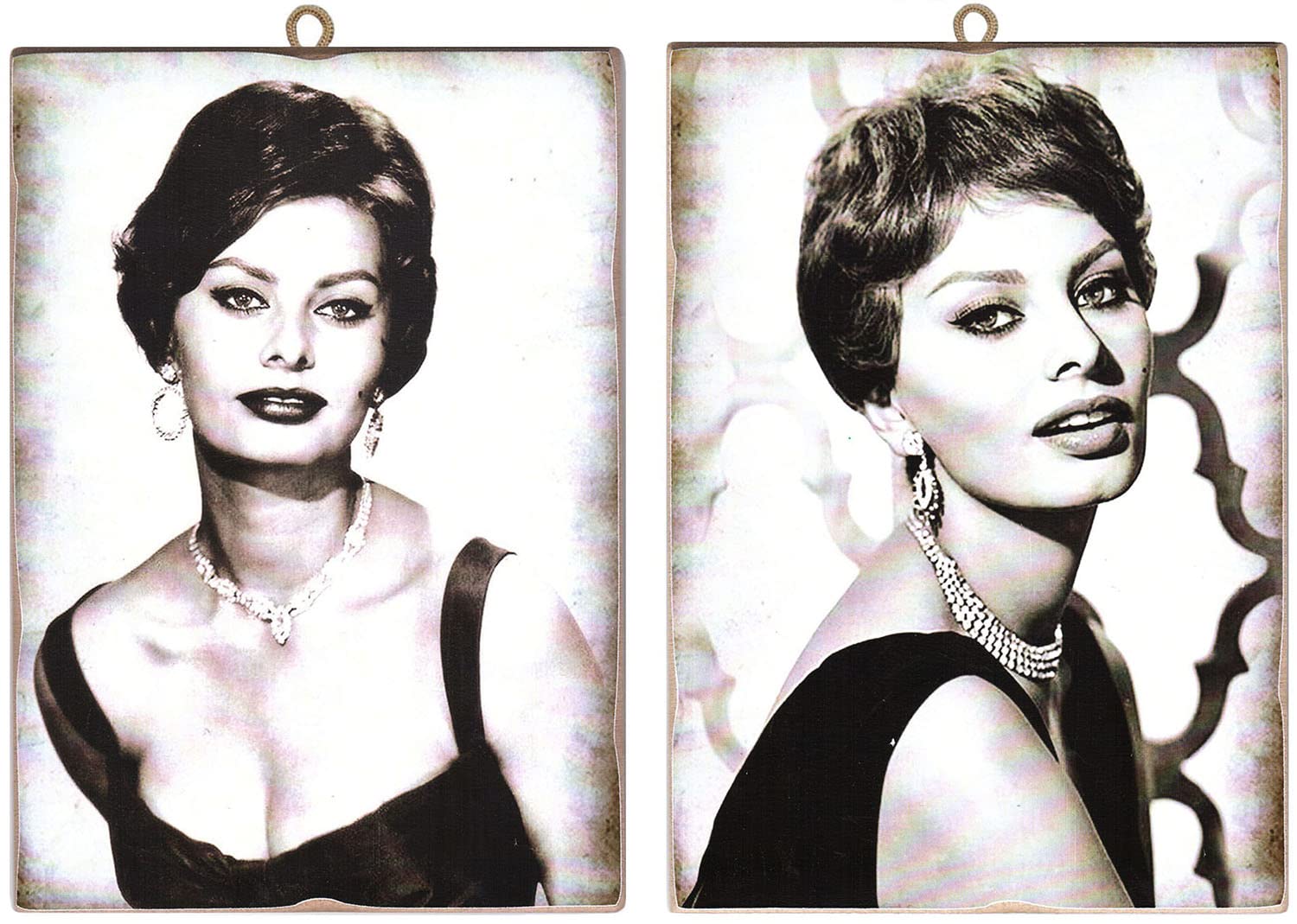 KUSTOM ART Composition of 2 Paintings Vintage Style Sofia Loren. Print on Wood 18x25 cm. For Restaurant Pizzeria Bar Hotel.