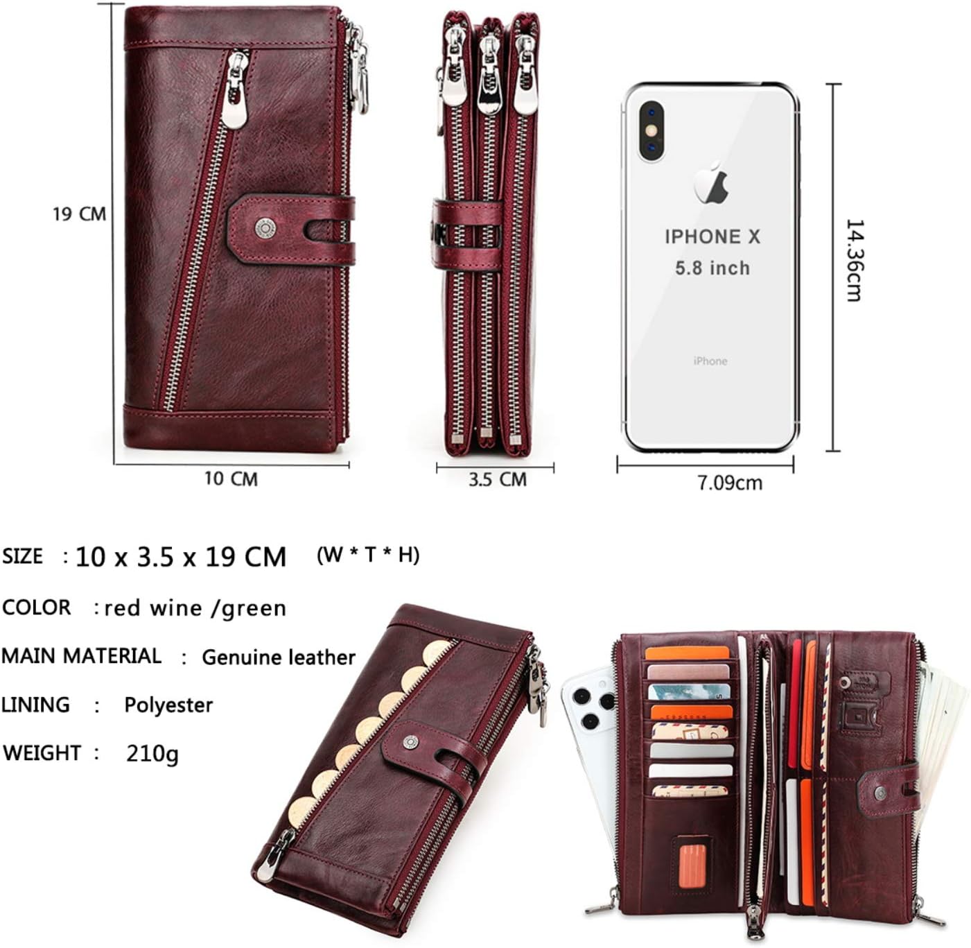 CONTACTS RFID Women Genuine Leather Zipper Button Long Wallet Lady Card Coin Holder Pocket Phone Clutch Purse (Wine Red) - Image 4