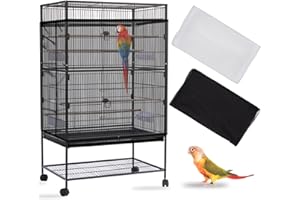 Daoeny 2PCS Bird Cage Seed Catcher, Large Bird Cage Cover, Adjustable Soft Airy Nylon Mesh, Birdcage Cover Skirt Seed Guard for Parrot Parakeet Macaw Round Square Cages (Black & White)