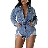 xxxiticat Women's Denim Rompers Long Sleeve Turn Down Collar Elastic Button Down Ripped Tassel Shorts One Piece Jumpsuit