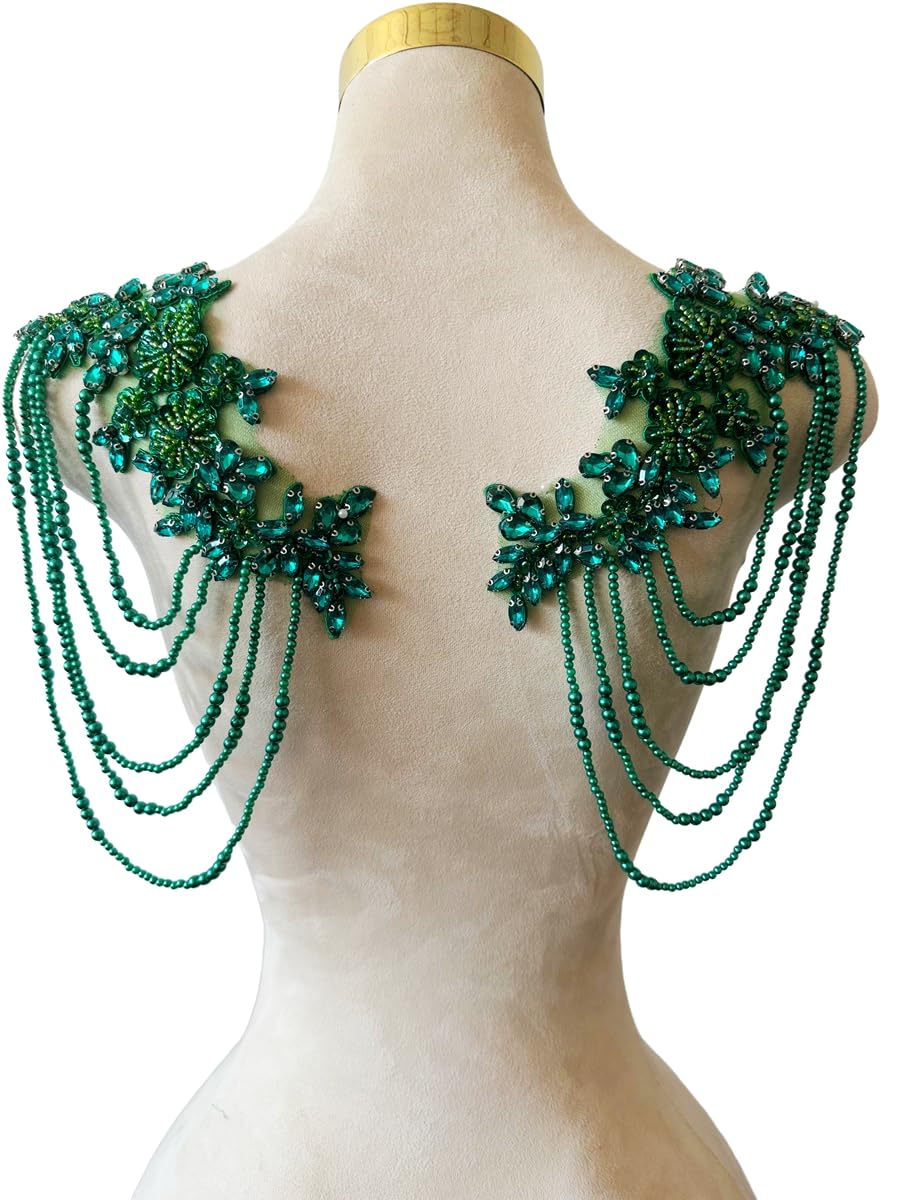 Photo 1 of 1 Pair Beaded Rhinestones Applique Embellishment for Clothes Epaulettes Shoulder Patches Sew-on Diamond Sequin Tassels Applique for Wedding Dress DIY Accessories 9.8X10.2inches (Deepgreen)