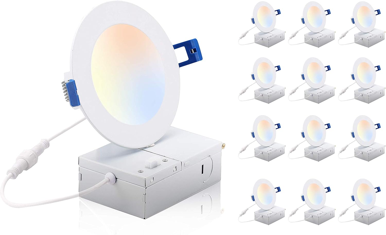 Cloudy Bay 4 inch 3000K/4000K/5000K Three Color Temperature Selectable, Dimmable 10W CRI 90+, IC Rated, Ultra Thin Recessed Downlight with Junction Box, White Finish, 6PK - - 