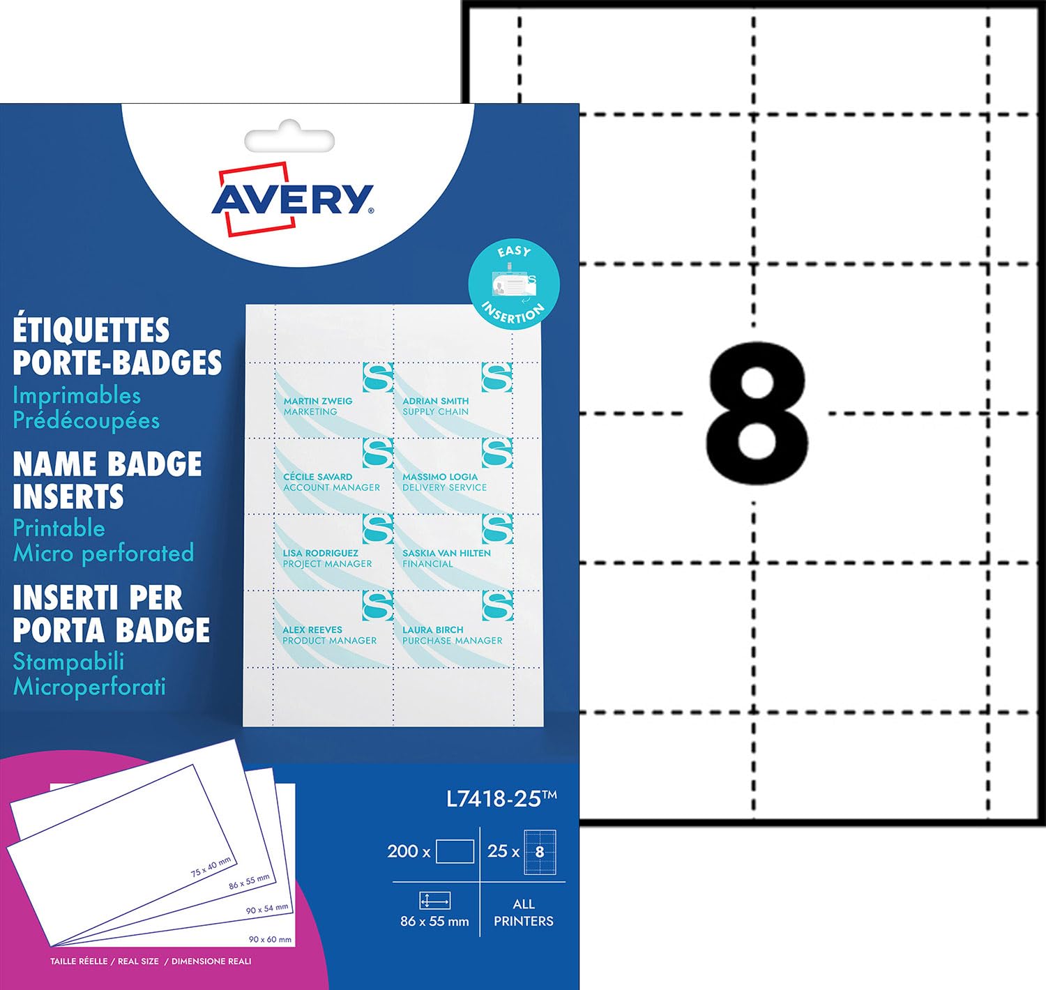 Avery Laser-Printable Name Badge Refill Kit – 8 Badges per Card, Ref L7418, 25 Sheets