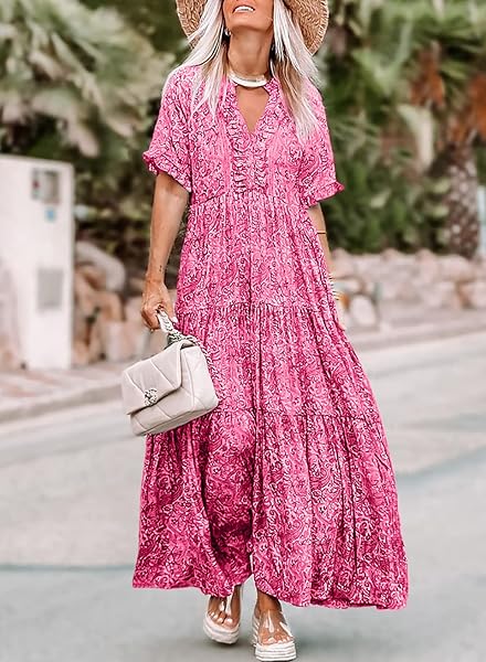 ACELITT WOMENS FLORAL BOHO DRESSES CASUAL SHORT SLEEVE V NECK RUFFLE TIE PINK FASHION 2023 SUMMER SWING A LINE LONG MAXI DRESS PINK MEDIUM