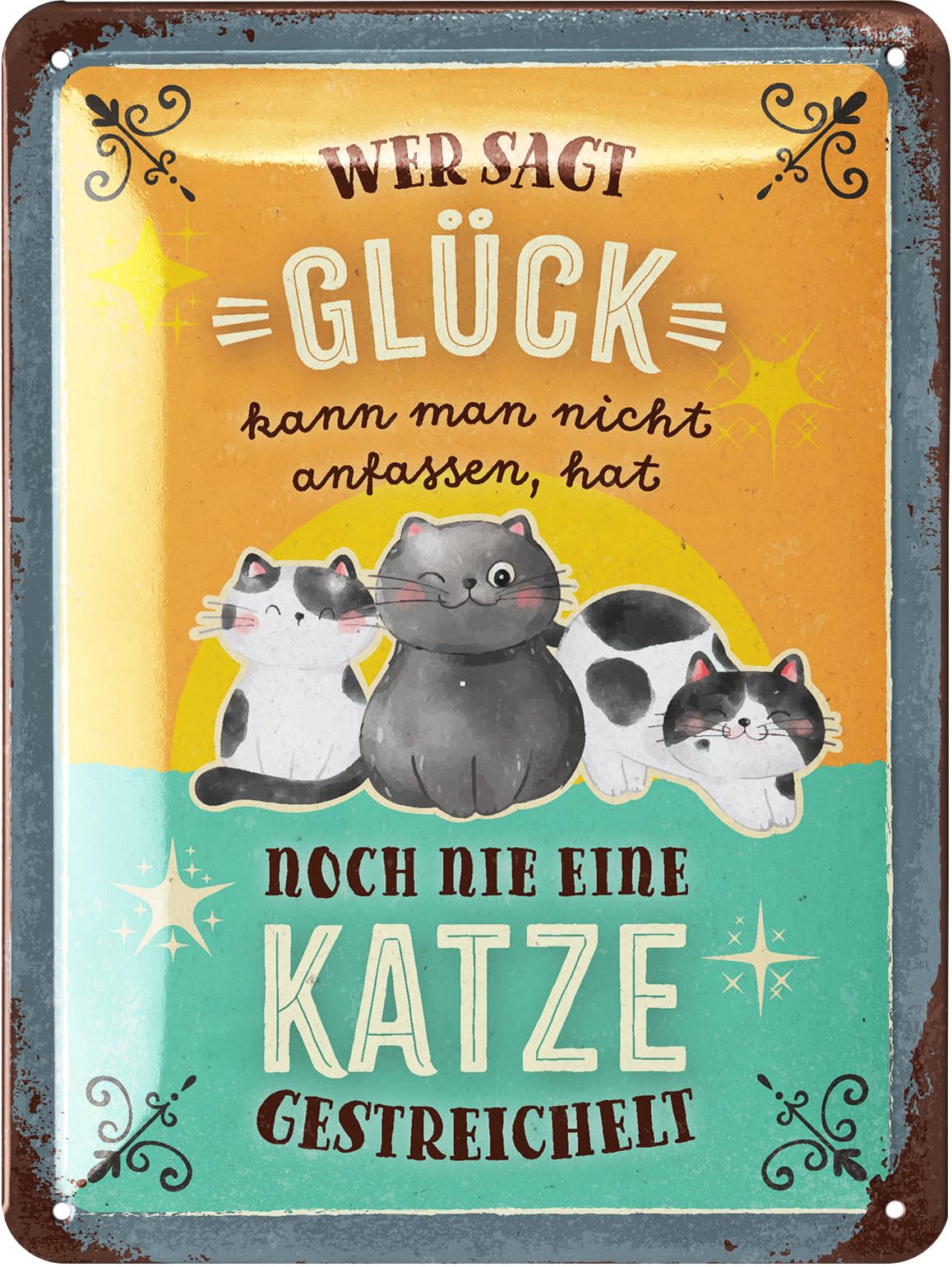 LANOLU Retro Tin Sign Cat Saying "Wer sagt Glück" Vintage Metal Signs with Sayings as Wall Decoration for Kitchen and Garden Shabby Chic Decoration Farmhouse, Cats Decoration, 15 x 20 cm