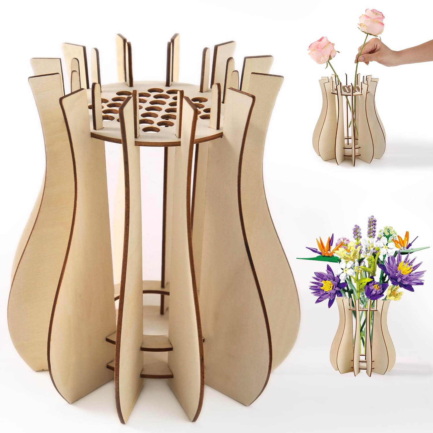 Photo 1 of Vase for Lego Flowers, Wooden Vase Building Set for Lego Roses, Wood Flower Vases for Bouquet, Display Stand for Lego Flower Lovers, Gift for Adults and Women