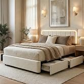 Yechen Cloud Queen Bed Frame with Storage, 4 Drawers, Boucle Upholstered | LED Light, Soft Rounded Corners, Adjustable Headboard, No Box Spring Required, Wooden Slats Support, Easy Assembly, Beige