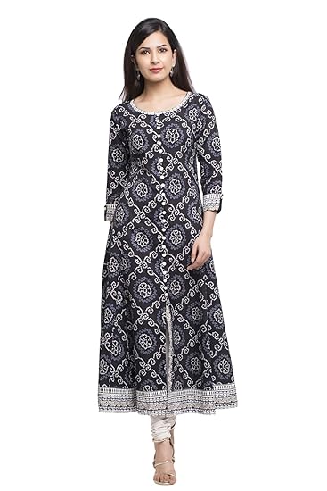 Women's Cotton Bandhej Print Anarkali Kurta (Black)