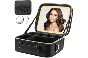 DIVMCEKNYY Travel Makeup Bag with LED Mirror - Light Makeup Organizer Countertop-Cosmetic Case Portable Artist Storage Bag with Adjustable Dividers Makeup Brushes Storage Organizer Black