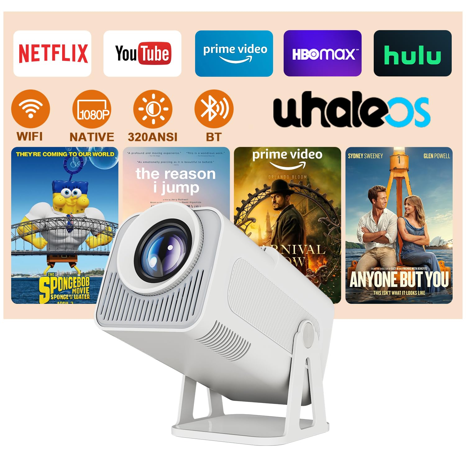 Photo 1 of [Netflix Licensed] Smart Mini Projector 320ANSI Native 1080P 4K Support with Official Apps, Portable Projector with WiFi and BT for Home Theater/Outdoor/Bedroom HY320 NTV