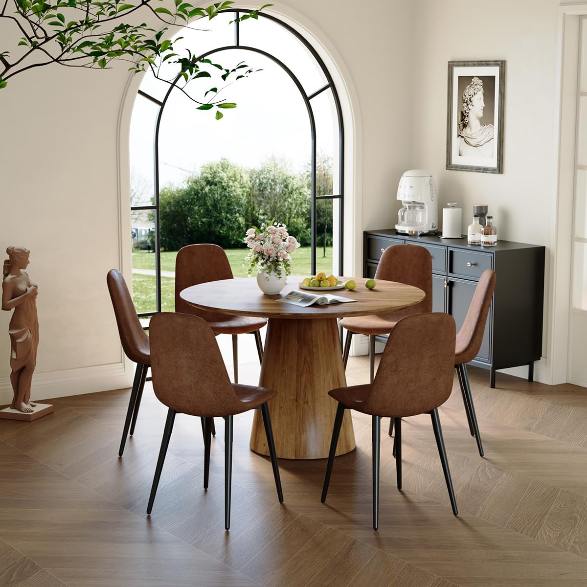 BAOPIN Round Dining Table Set For 6, 45''Round Wooden Dining Set With ...