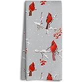 Dwept Christmas Dish Towels, Cardinal Bird Tree Branch Red Berry Xmas Kitchen Towels, Winter Farmhouse Snow Christmas Decor Hand Towels for Bathroom Kitchen, Bird Gifts for Women