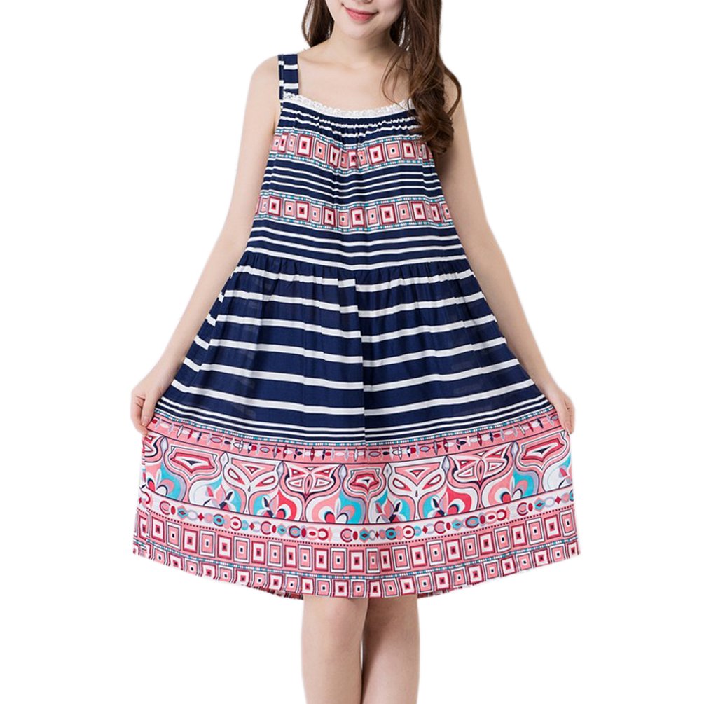 ENJOYNIGHT Women\'s Cotton Sleeveless Print Nightgown Chemise Sleep Dress (Stripe, Large)