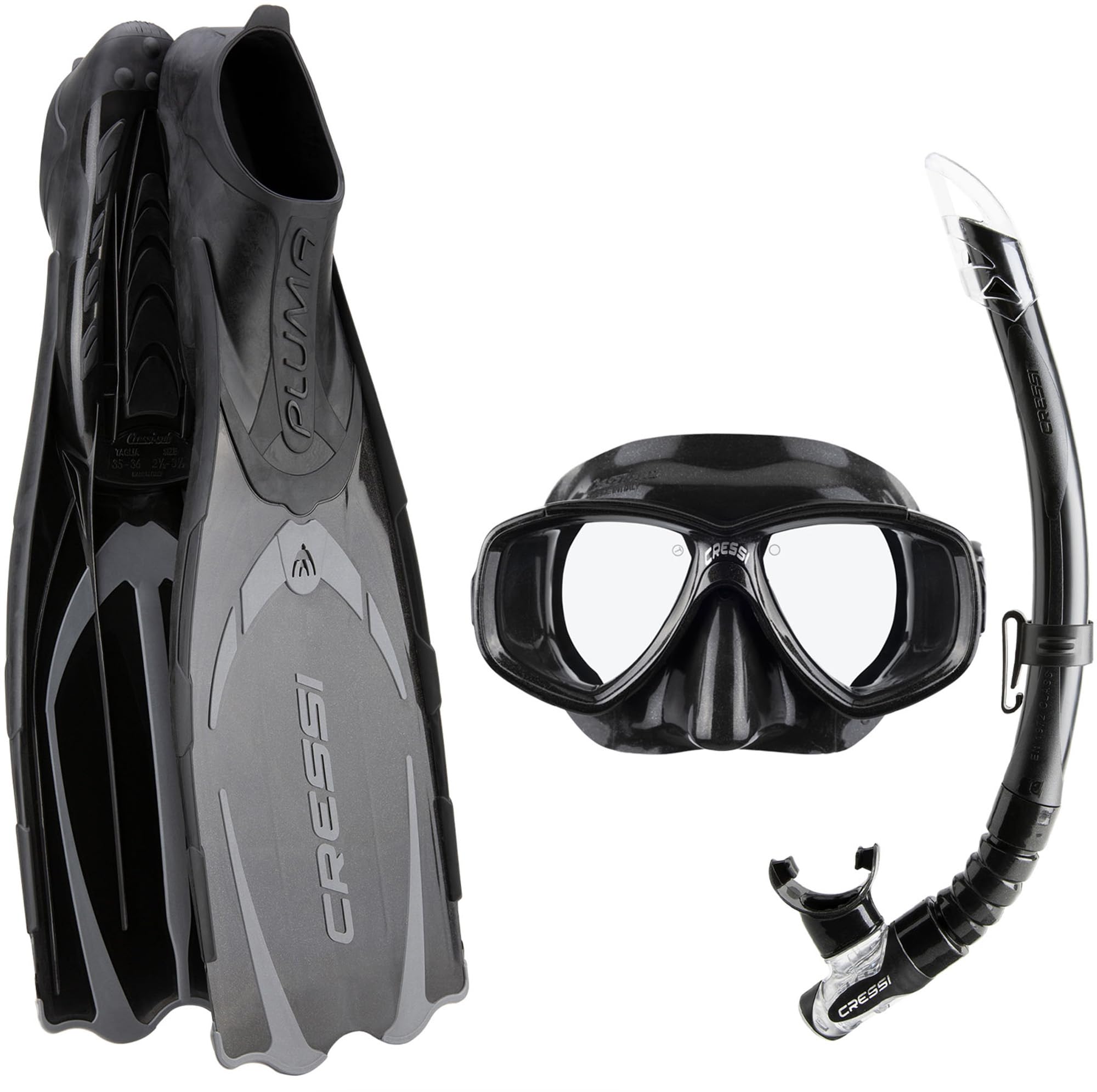Cressi Pluma Bag Snorkelling Packages - Black/Silver, Size 37/Size 38