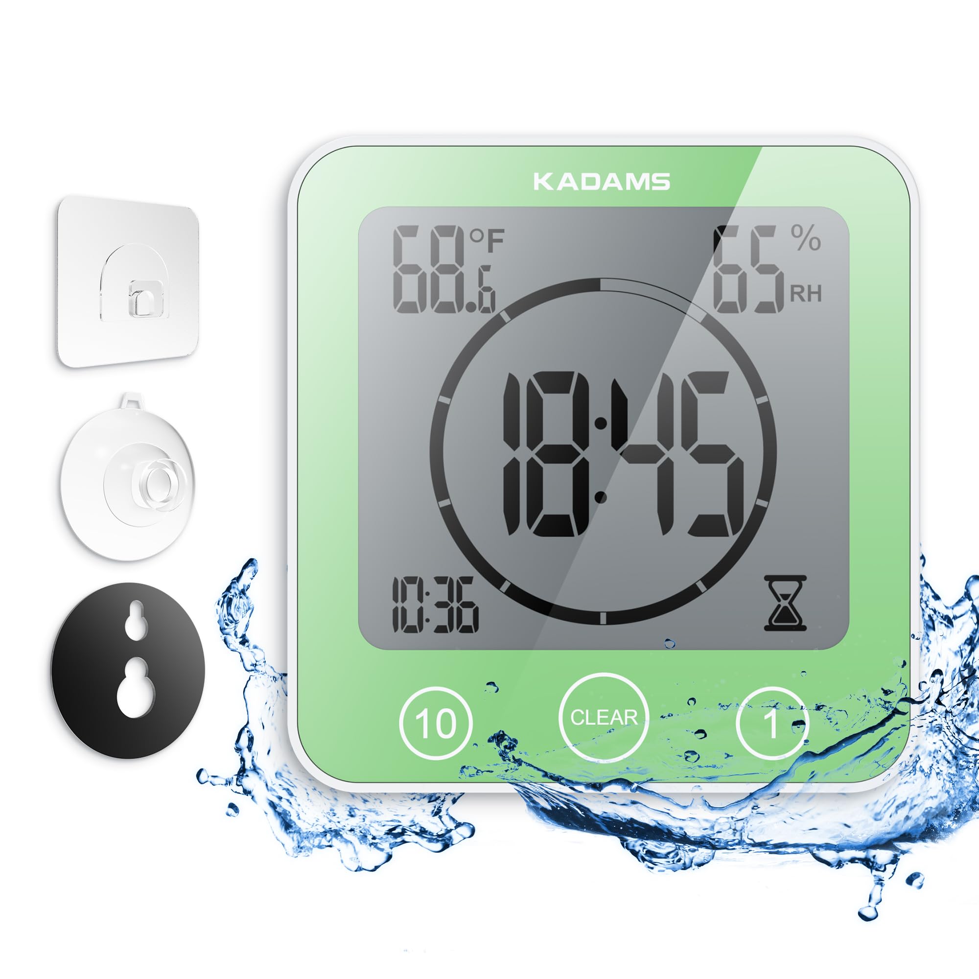 KADAMS Digital Bathroom Shower Kitchen Clock Timer with Alarm, Waterproof for Water Splashes, Visual Countdown Timer, Time Management Tool, Indoor Temperature Humidity, Suction Cup, Hole Stand - Green