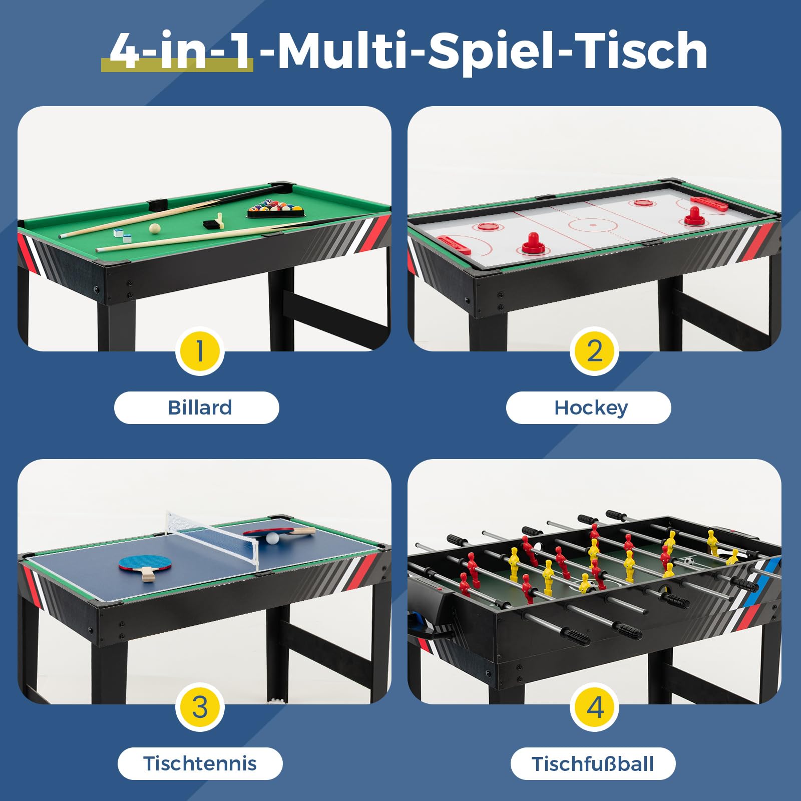 COSTWAY Multi Spieltisch, 4 in 1 Tischkicker mit Billard, Hockey, Tischtennis, Multifunktionstisch Tischfußball mit Zubehör, Kickertisch für Spielzimmer, Party, Bars, 125 x 97 x 83 cm (Schwarz) 3