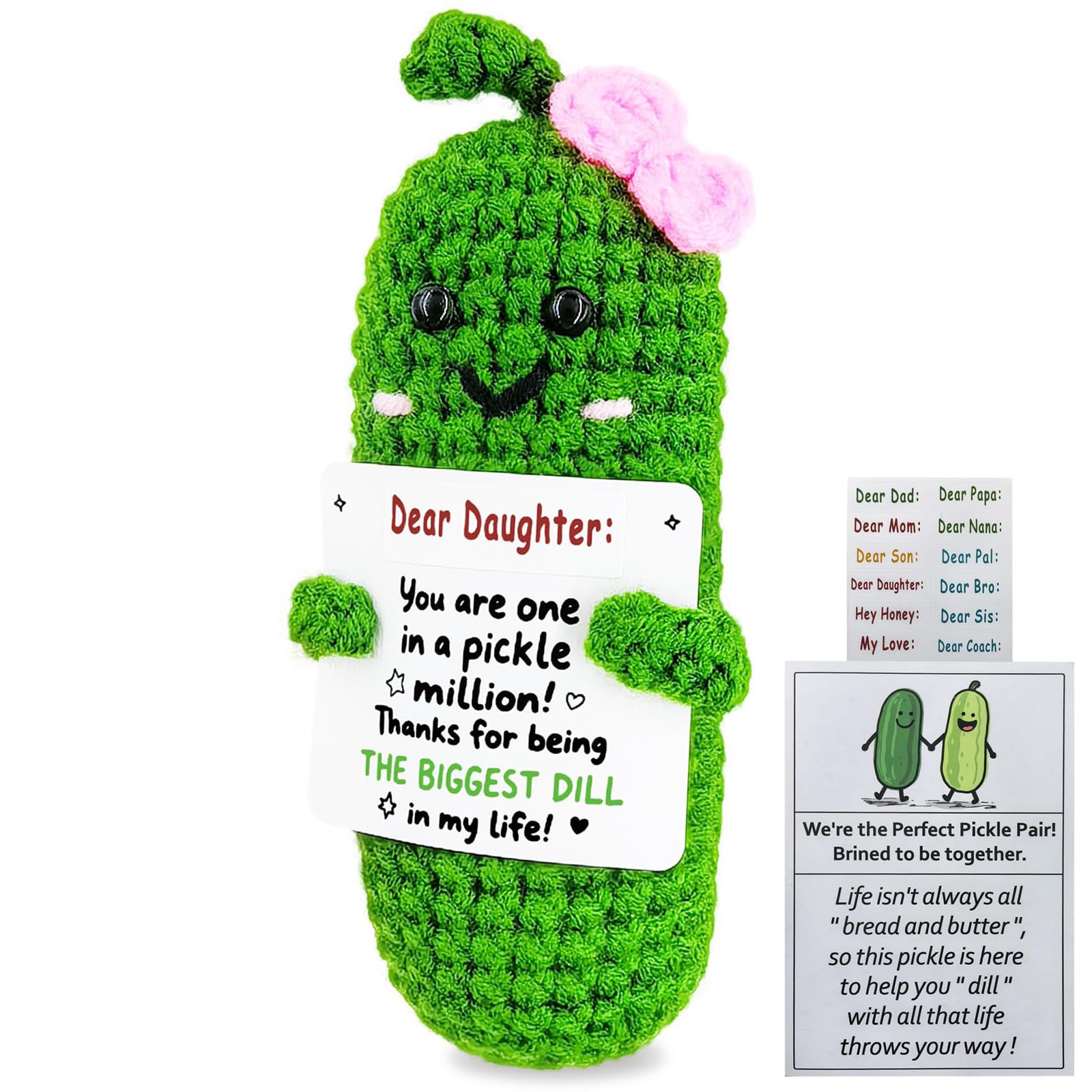 ALUNME Handmade Crochet Pickle Plush Doll with Perfect Pair Encouragement Card, Unique Funny Thanks Gifts for Him, Her, Boyfriend, Girlfriend, Couples-Anniversary (dear daughter)