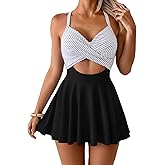 B2prity Women Cutout One Piece Skirt Swimsuit V Neck Wrap Tie Back Swimdress Tummy Control Bathing Suit(Black,Stripe)