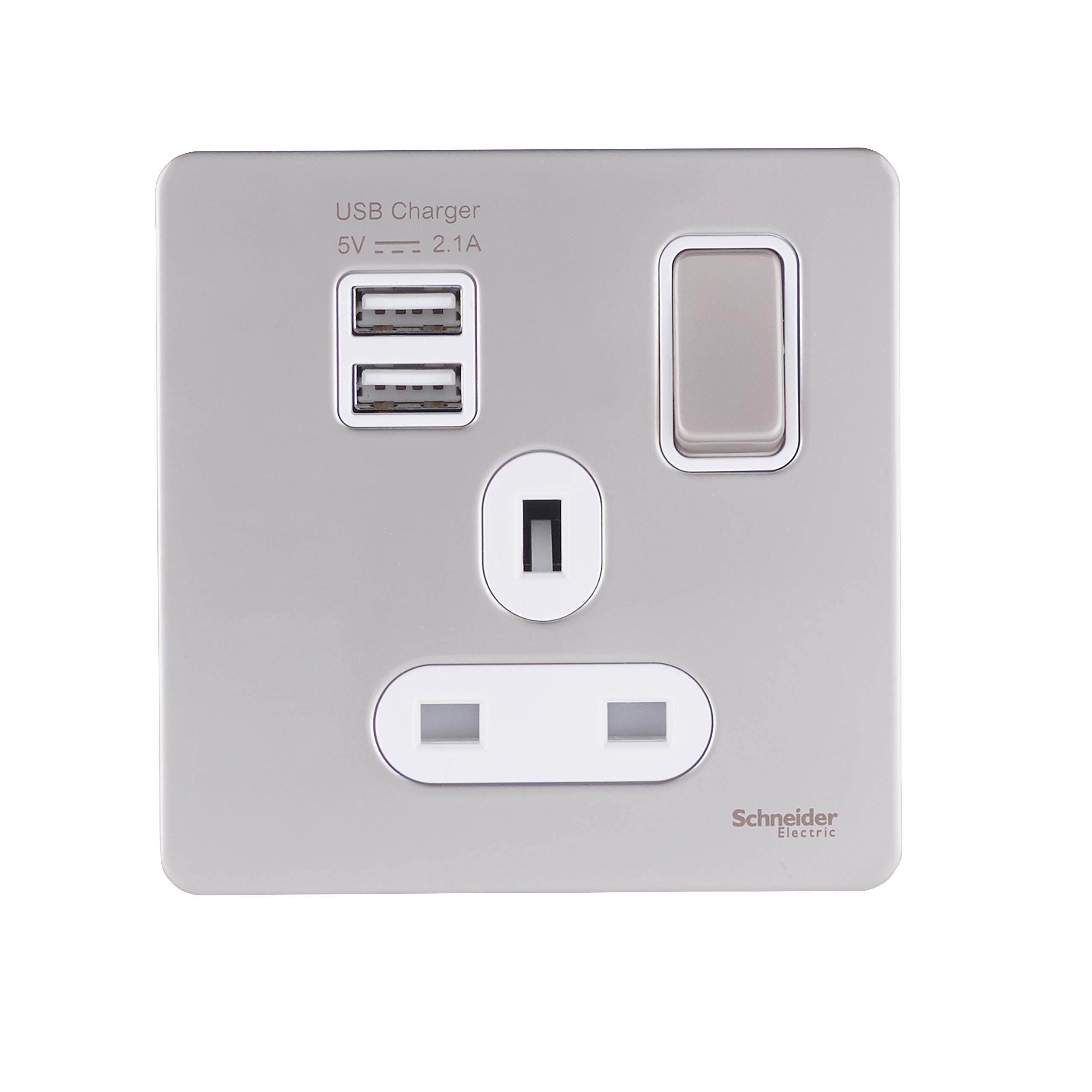 Schneider Electric Ultimate Screwless Flat Plate - Switched Single Power Socket with USB Charging Ports, Double Pole, 13A, GGBGU34102USBAWPN, Pearl Nickel with White Insert