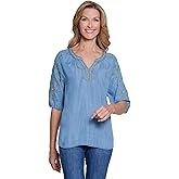 MULTIPLES Women's Plus Size Elbow Raglan Sleeve Notch Neck Band Collar Hi-Lo Top with Embroidery, Multi