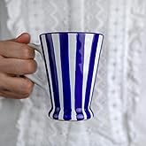 City to Cottage Handmade Dark Navy Blue Stripe Ceramic Coffee, Tea, Latte Mug, Cup with Large Handle, Unique 7 oz / 200ml Designer Pottery Gift for Tea Lovers