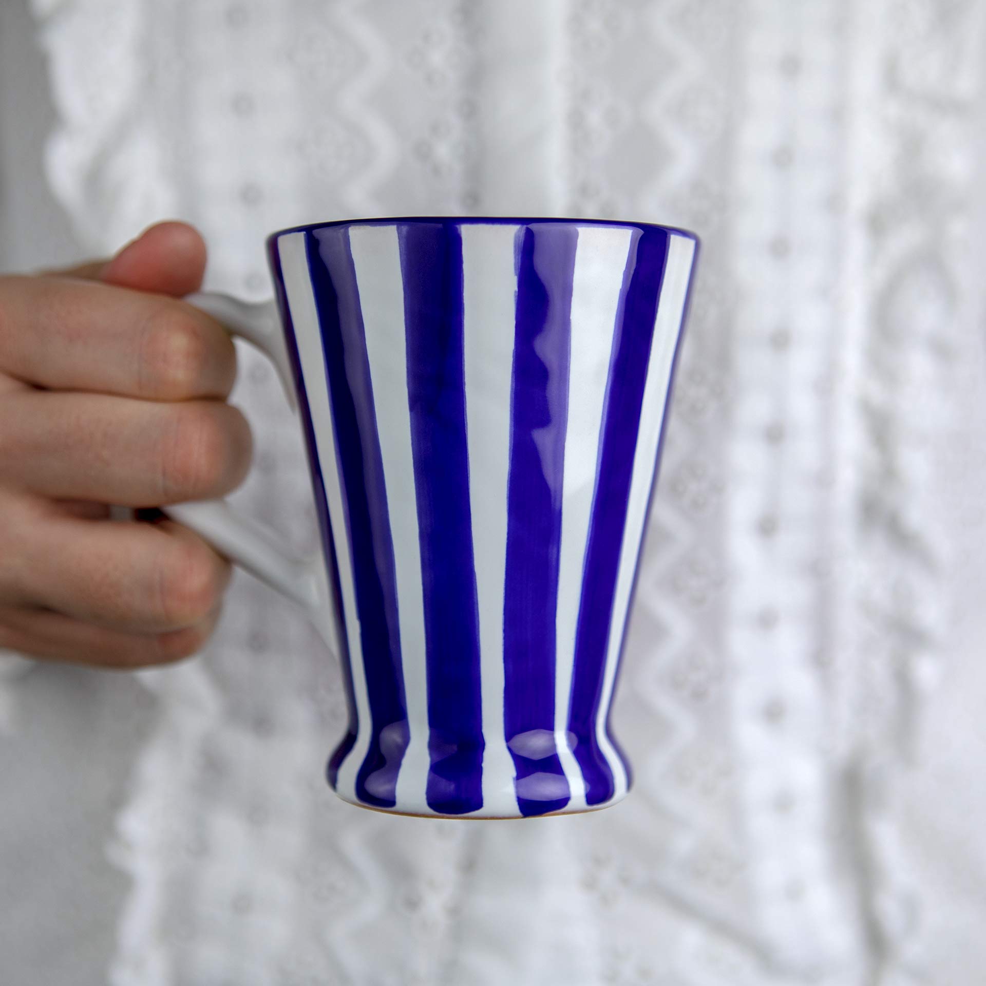 City to Cottage® Navy Blue Striped | Designer Handmade Hand Painted | Unique Ceramic | Coffee Tea Latte Mugs Cups with Large Handle | Gift