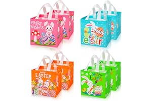 SULOLI Easter Gift Bags, Easter Non-Woven Grocery Shopping Bags With Handles for Holiday Party(8 Pack), Green, Orange, Pink, 