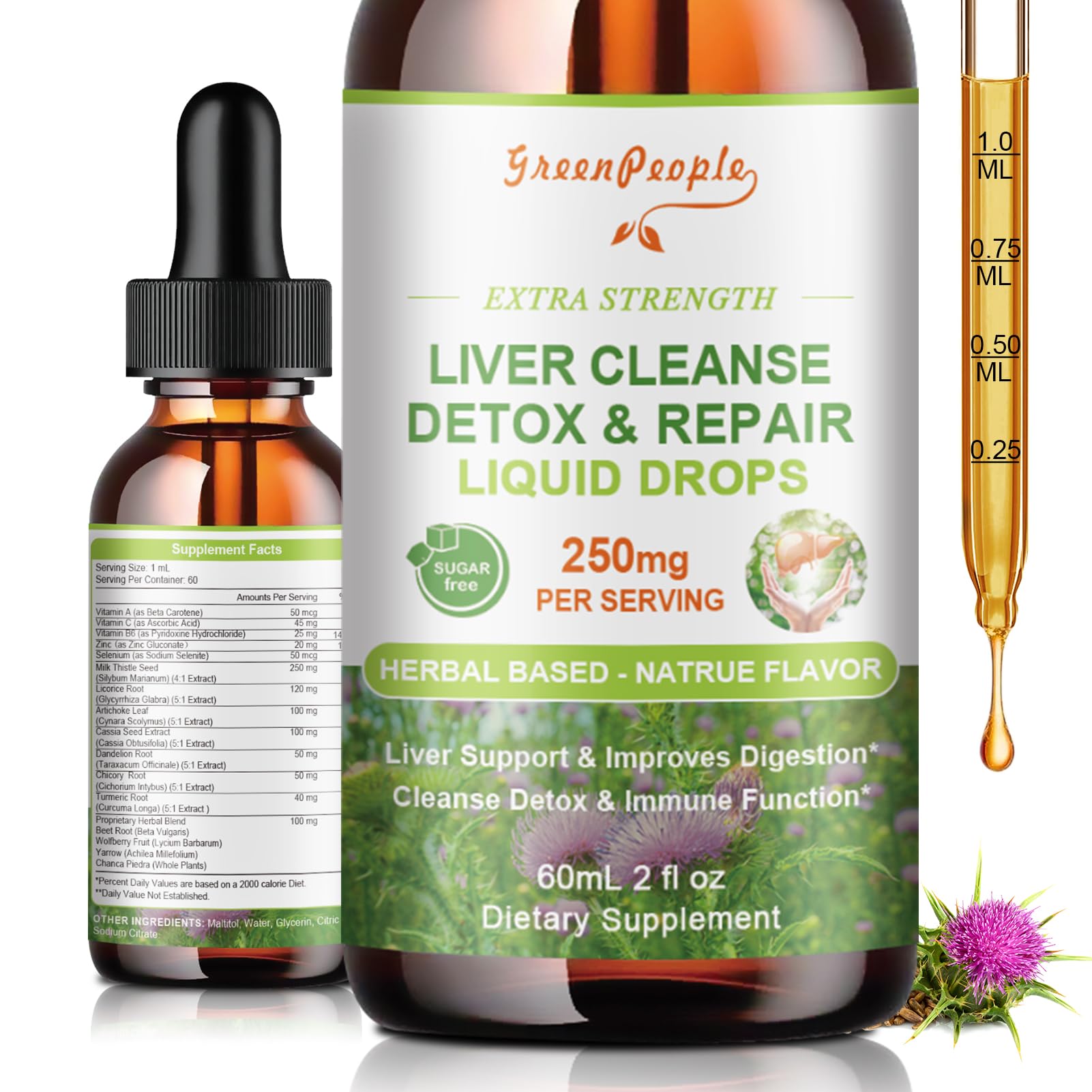 GREENPEOPLE Liver Cleanse Detox & Repair Drops - Liver Supplement w/Milk Thistle Silymarin, Artichoke & Dandelion for Liver Detox & Support- 16x Potent Herb-Nutrients - 2Fl Oz Natural Flavor