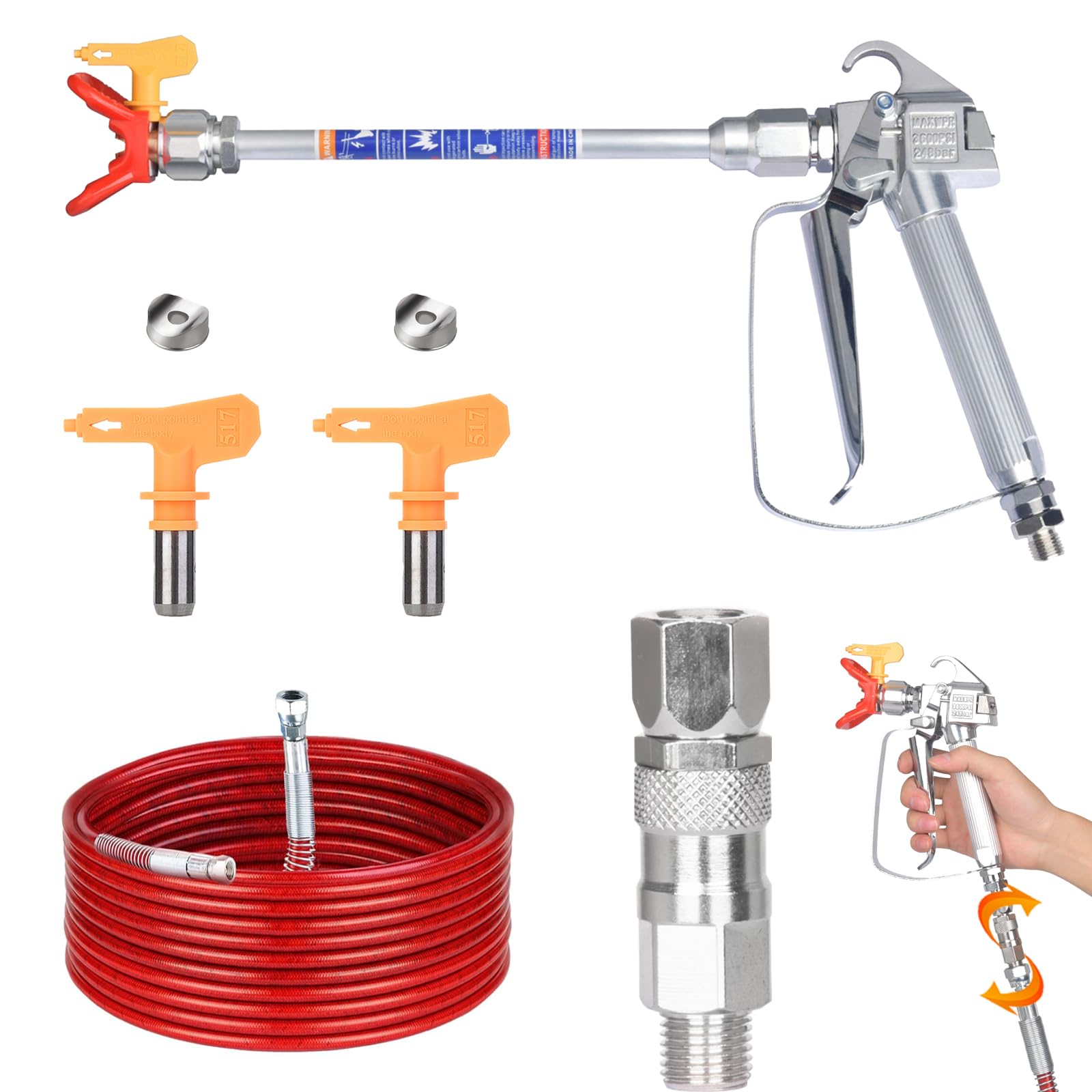Photo 1 of JWGJW Airless Paint Spray Gun and 50 Feet Airless Hose Kit (Red) with 10 Inch Spray Extension Pole, A 360° Swivel Joint and Two 517 Tips for Titan Graco Sprayers.(JW-122533)