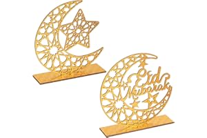 HINSLY 2 Pieces Wood Ramadan Decorations Islamic Eid Mubarak Kareem Table Sign Moon Hollow Star Ornament for Muslim Party Tabletop Decor Home Art Craft Decoration Golden Moon