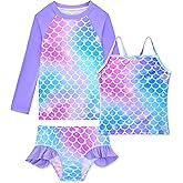 Girls Rash Guard Swimsuit 3 Pieces Set UPF50+ Quick Dry Long Sleeve Kids Bathing Suit