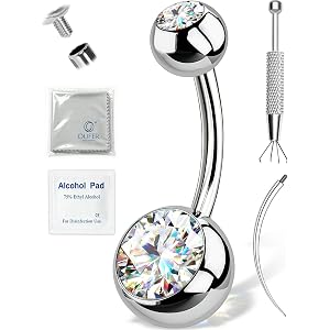 OUFER 14G Moissanite Hypoallergenic Belly Button Ring for Healing, G23 Titanium Internally Threaded Silver/18K Gold Plated Be