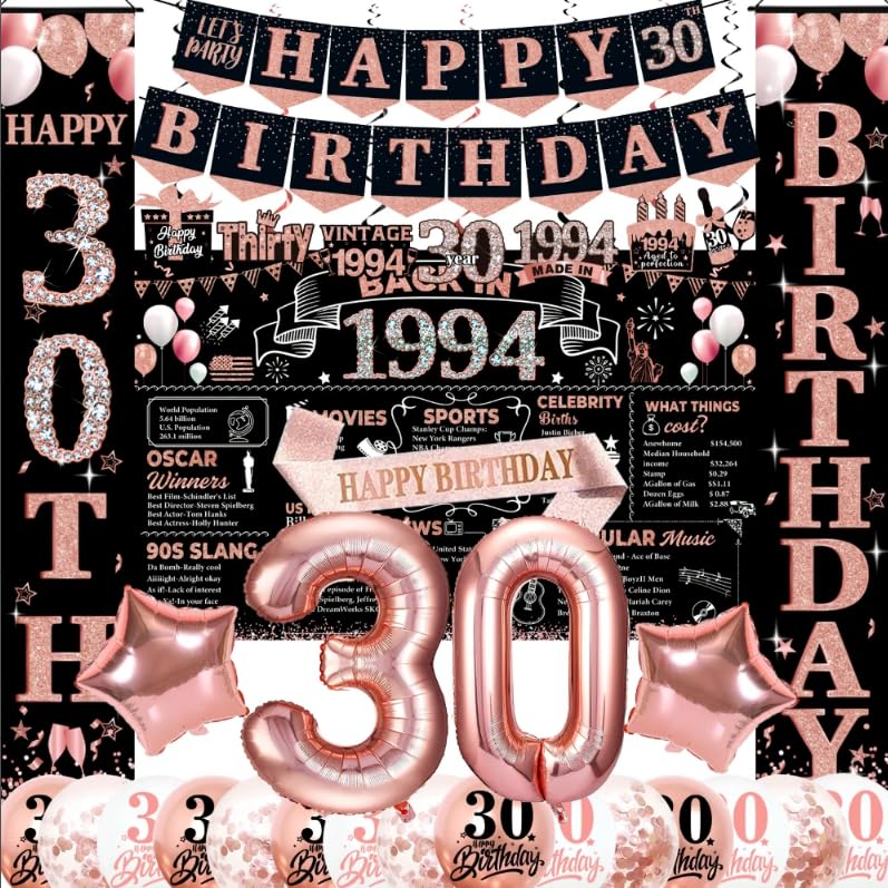 Photo 1 of Cocomigo 45 Pcs 30th Birthday Decorations for Her, 1994 Birthday Decorations Banner, Rose Gold 30th Birthday Decorations 30th Birthday Sash 30th Balloons Hanging Swirls 30th Birthday Decorations