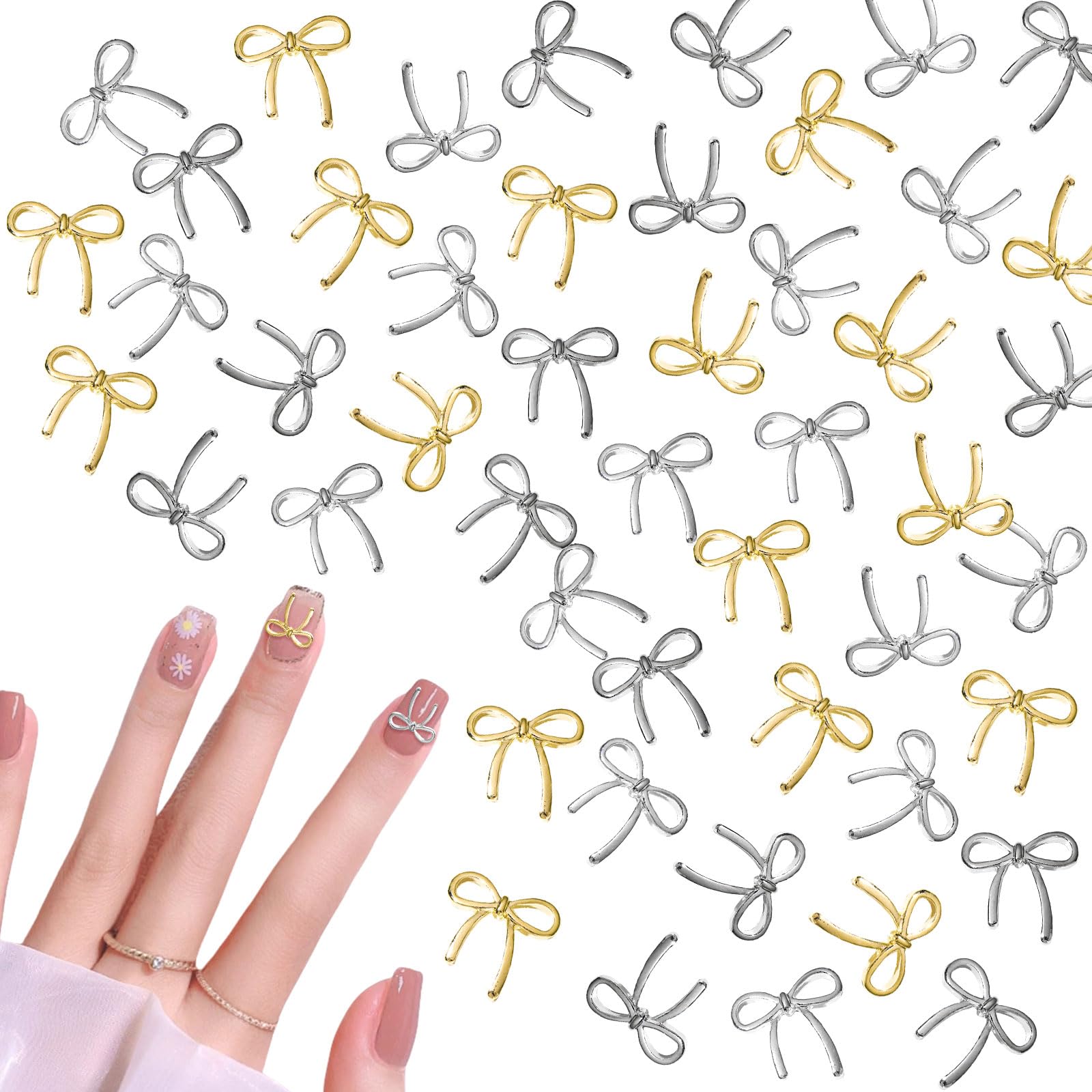 Bow Nail Charms, 90 Pcs 3D Bows Nail Charms Gold Silver Nail Gems Metal Bowknot Nail Art Decorations Nail Jewels for Women Girls Nail Design DIY Crafts (Gold+Silver B)