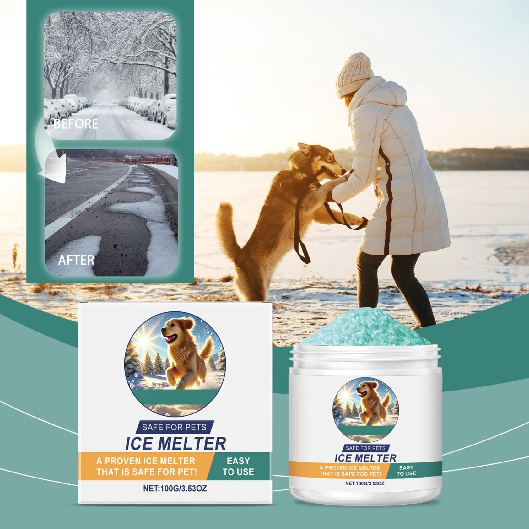 Safe Ice Melt, Chien/Enfant/Animaux de Compagnie Safe Ice Melt, Non Toxique,agissant Rapidement,Dure 3X Plus Longtemps,dégivrage idéal chemins,Plus sûr pour les animaux domestiques,béton 100G (1)