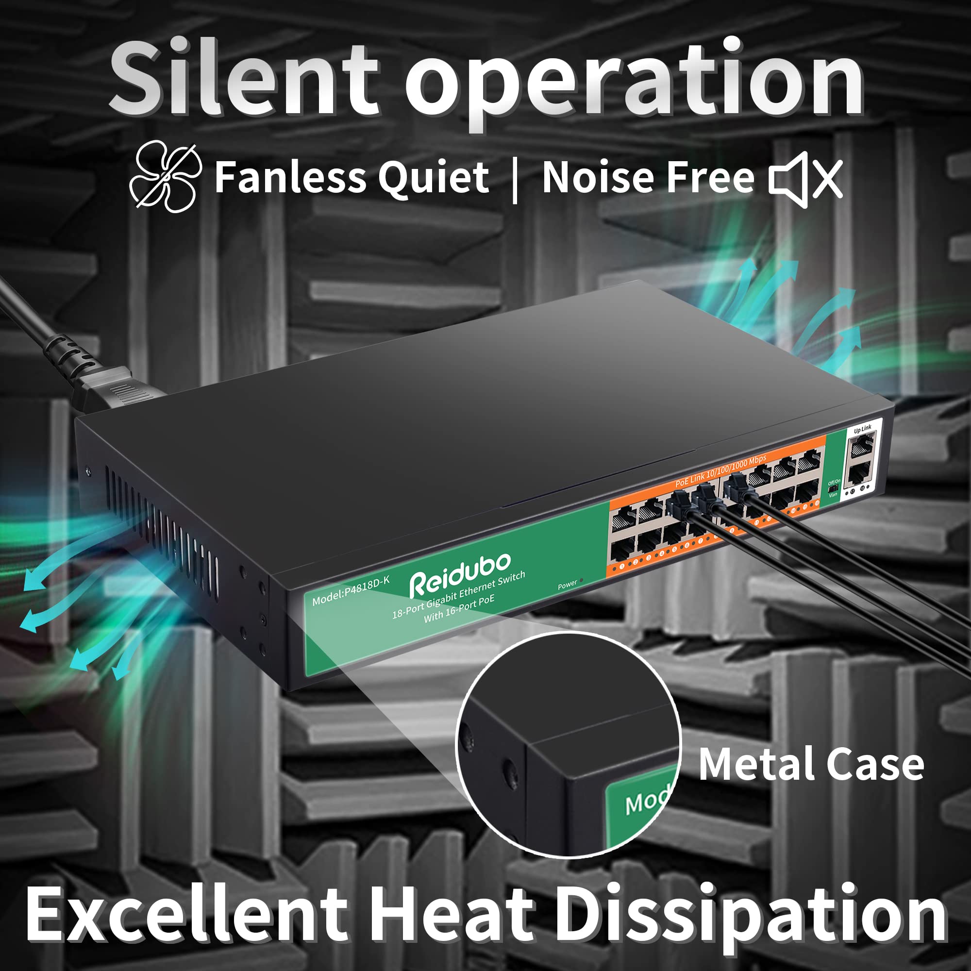 18 Ports Gigabit PoE Switch,16 Port Gigabit PoE+ Network Switch with 2 Uplink Gigabit Ports, 250W, Unmanaged, 19-inch Rackmount, Fanless Quiet Operation, Compatible with AP WiFi6, PoE Cameras