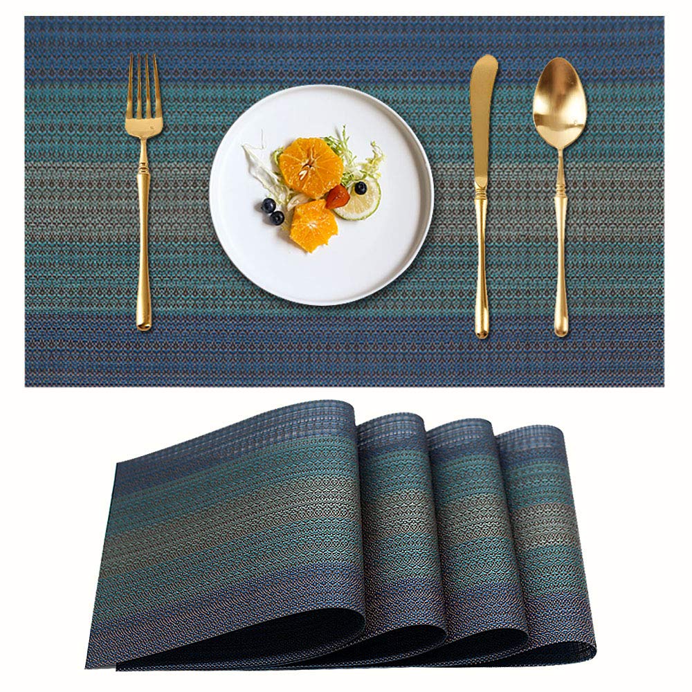 Candumy Blue Placemat Table Mats Vinyl PVC for Kitchen and Dining Set of 4, Heat Stain and High Temperature Resistant Anti-Skid Washable Non-Slip Insulation Crossweave Woven Textilene(4 PCS,Blue)
