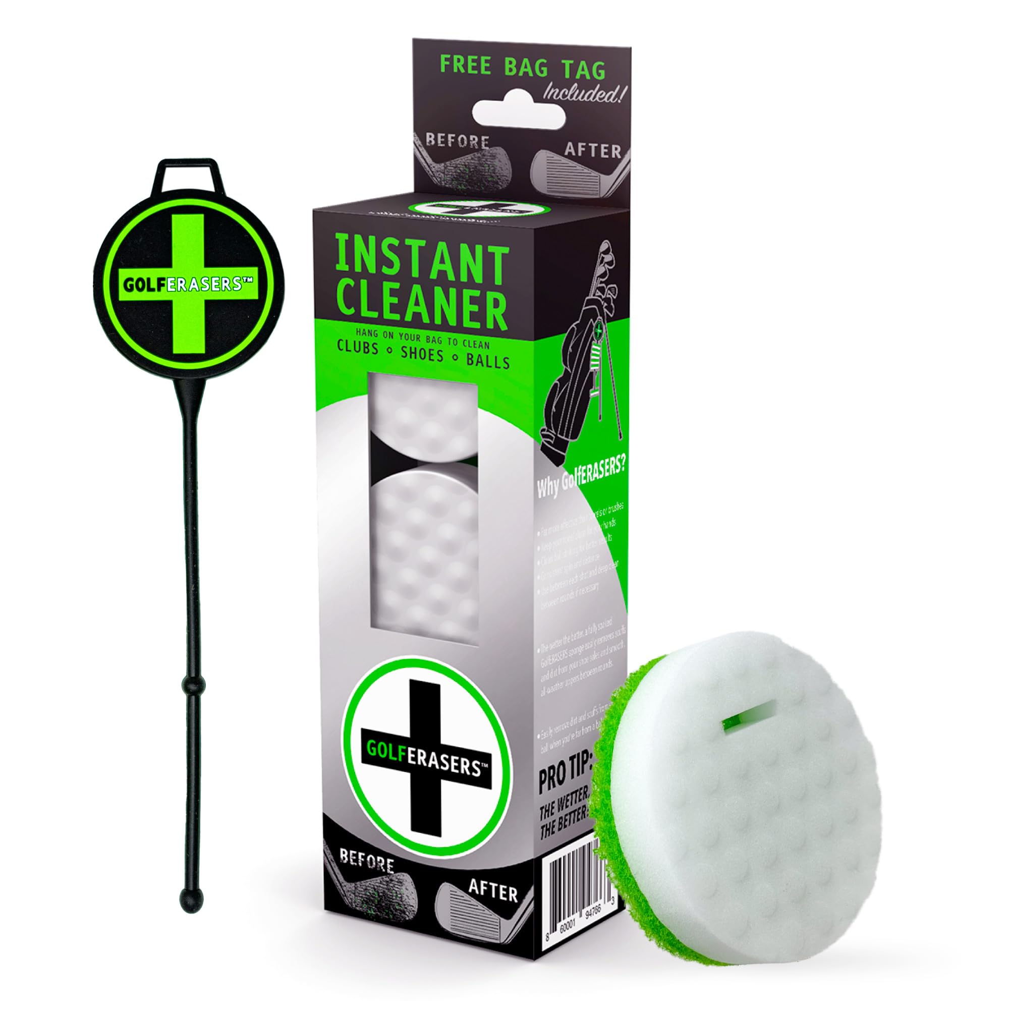 GolfERASERS Instant Golf Eraser with Bag Tether, Premium Dual-Sided Sponge for Cleaning Clubs, Shoes & Golf Balls - Golf Club Cleaner, Golf Ball Cleaner, Golf Club Groove Cleaner, 6 Pack