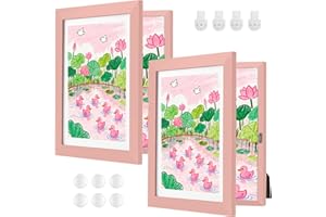 ABCHIOPQ 2 Pack Pink Kids Art Frame, 8.5x11 Front Opening Wood Kid Artwork Frames Changeable, Wall-mounted or Standing Children Art Frame with Mat, Holds 150 Pcs, Drawing Display Storage Frames