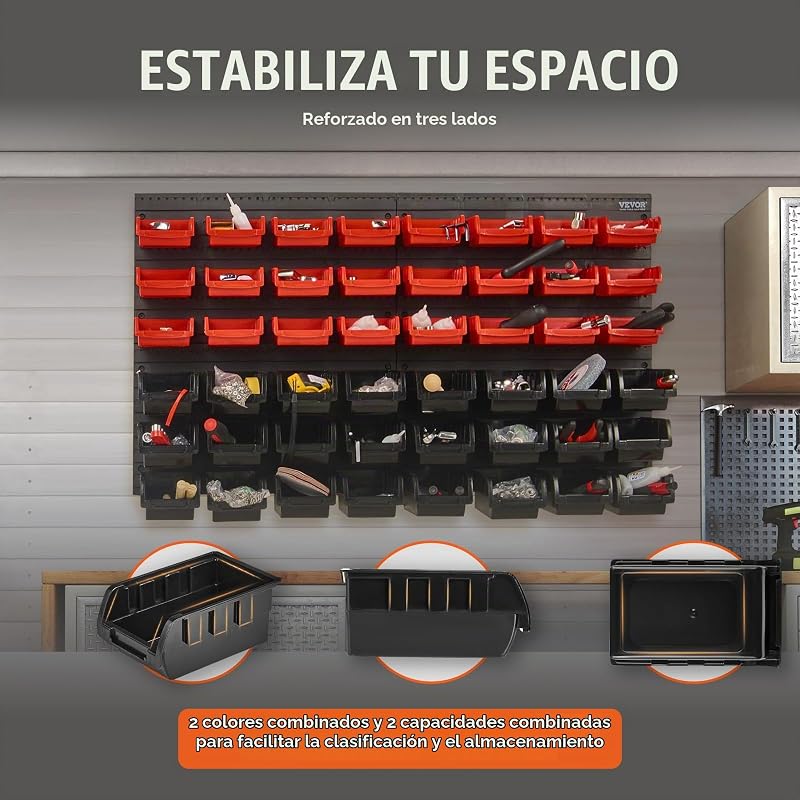 Prateleira de plástico 48 caixas de armazenamento para oficina de garagem com painéis de parede organizador de ferramentas para porcas, parafusos, parafusos, pregos, botões, pequenas peças, preto/vermelho