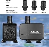 LIFERUN 45W Adjustable Flow Submersible Pond Pump 3000 L/H with 3 Nozzles view 2