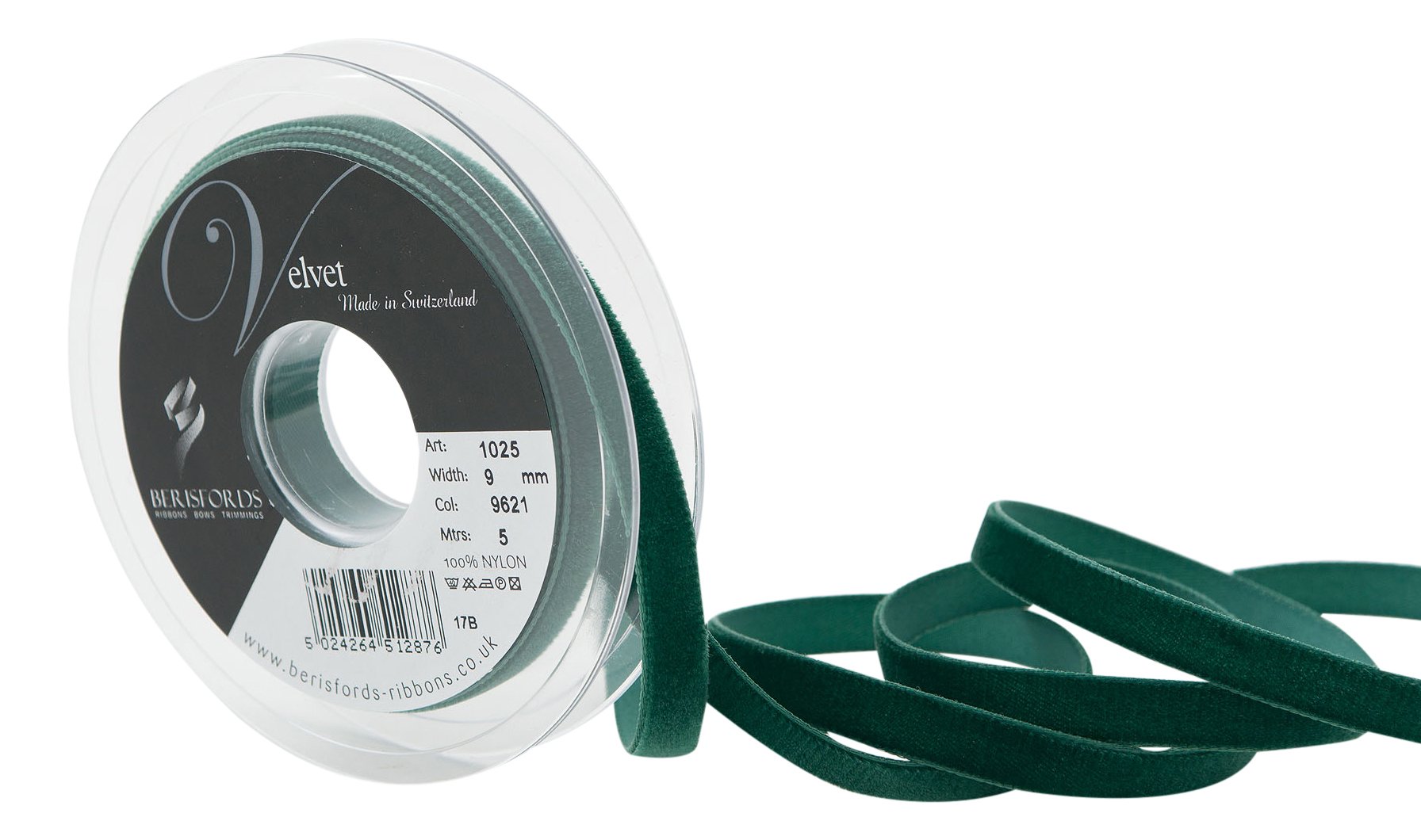 Berisfords Velvet Ribbon, Dark Green, 10.2 x 9 x 10.2 cm