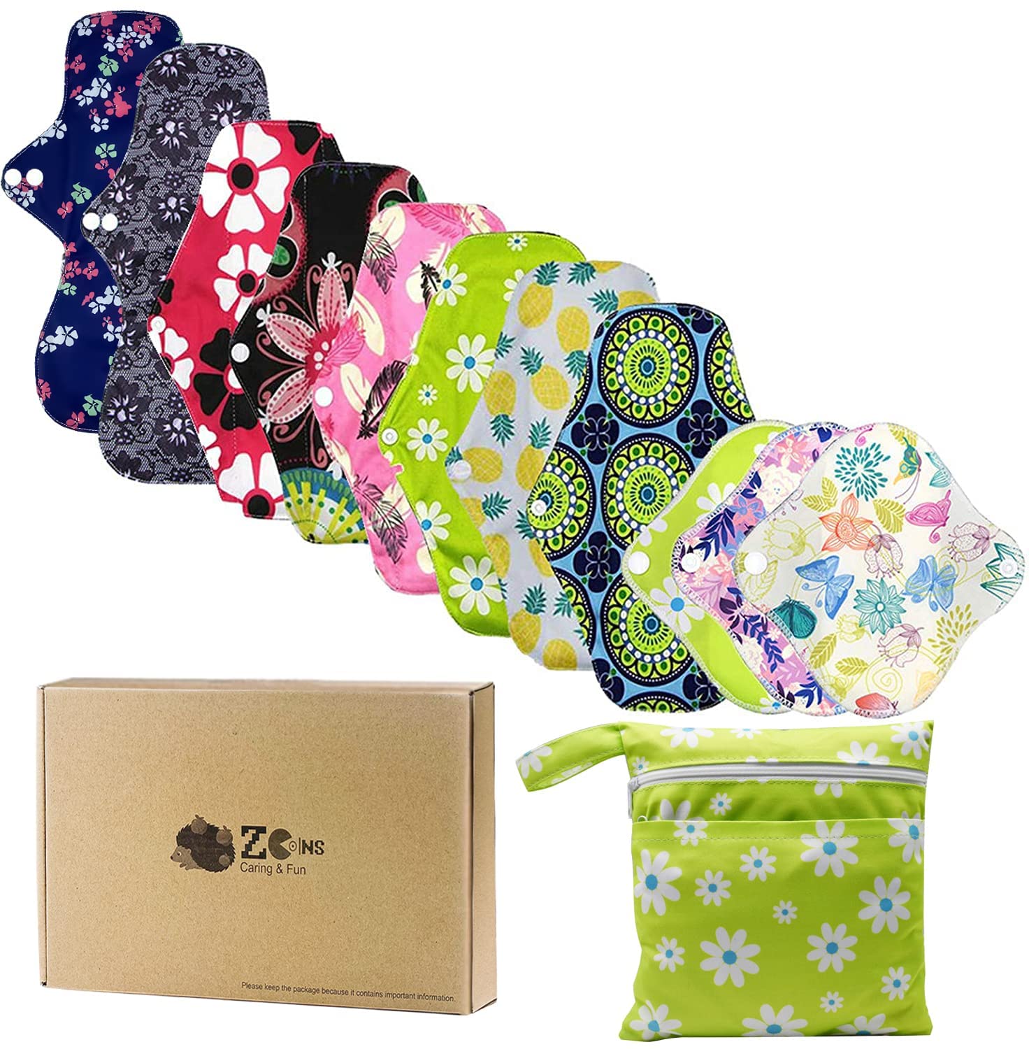 ZCOINS 11 Pack Reusable Sanitary Pads (3S/6M/2XL) for All Flows - Light Medium Heavy & Night Use, Mixed Size Washable Cloth Period Pads with Wet Bag