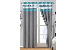 GrandLinen - 4 Piece Aqua Blue, Grey, White Microfiber Curtain Set 108 inch Wide X 84 inch Long (2 Window Panels, 2 Ties)