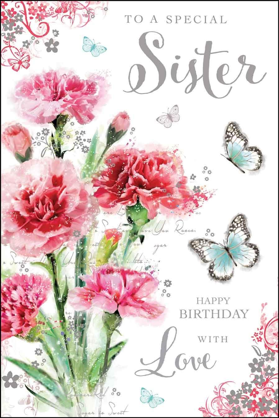Artistic Special Sister Birthday Card (JJ-SG13), Pink Carnations and Butterflies, Stunning Foil, Flitter and Embossed Finish